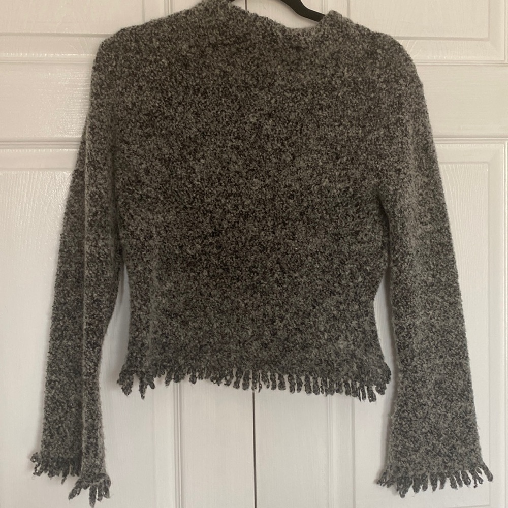 Cabo gray with black flecks wool fringe mock turtleneck sweater. Size M